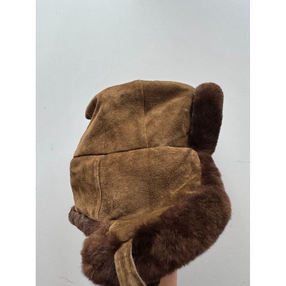 Vintage Dark Brown Suede Leather Faux Fur Trapper Hat, Size 59 - Picture 6 of 12